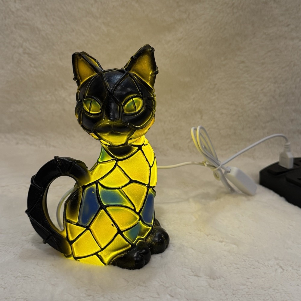 Cat Lamp Night Light 7" Faux Stained Glass Tiffany Style Kitty USB Powered Cute